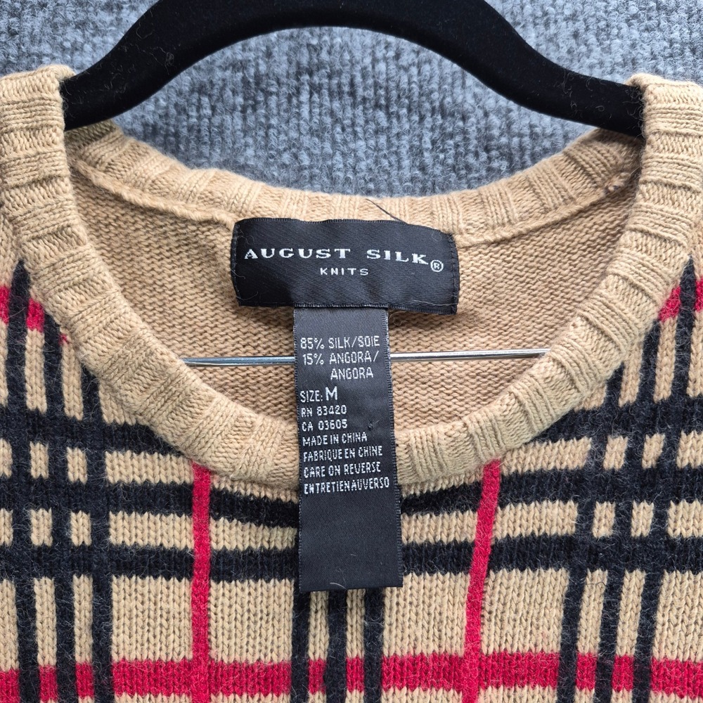 August Silk Cardigan Vest Set Plaid Silk Angora Medium Tan Womens - Picture 5 of 13